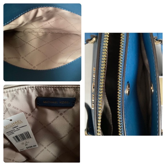 MICHAEL KORS Cindy Large Dome Crossgrain Blue Chambray Leather Satchel Purse Bag - Picture 12 of 14